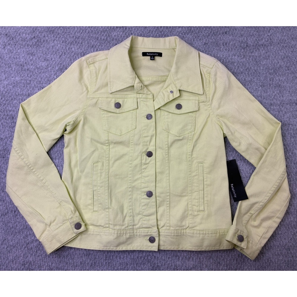 Relativity Womens S Denim Trucker Jacket Pollen Yellow Green Stretch NWT